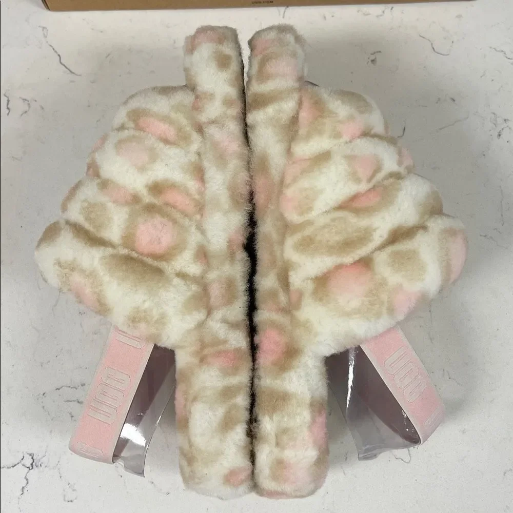 UGG Kids' Fluff Yeah Slide Panther Print Size 6 Pink & Tan Leopard Print